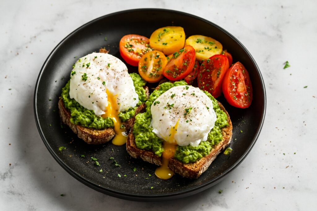 Avocado Toast with Poached eggs and green