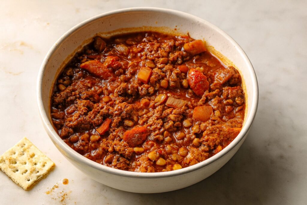 Beef lentil chili bowl