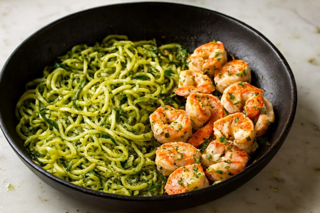 One pan garlic shrimp with zucchini noodles