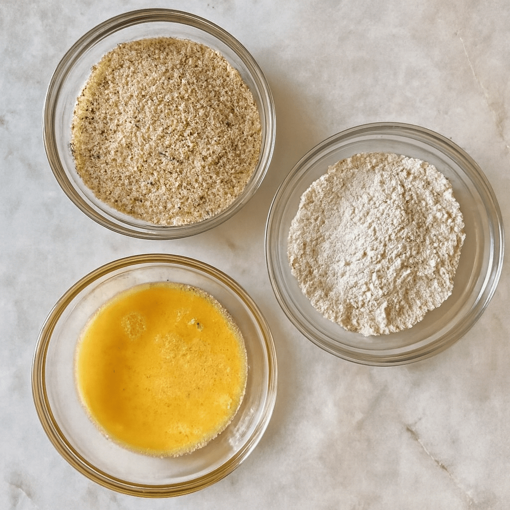 Three bowls with eggs, flour, and seasoned breadcrumbs for zucchini fries coating