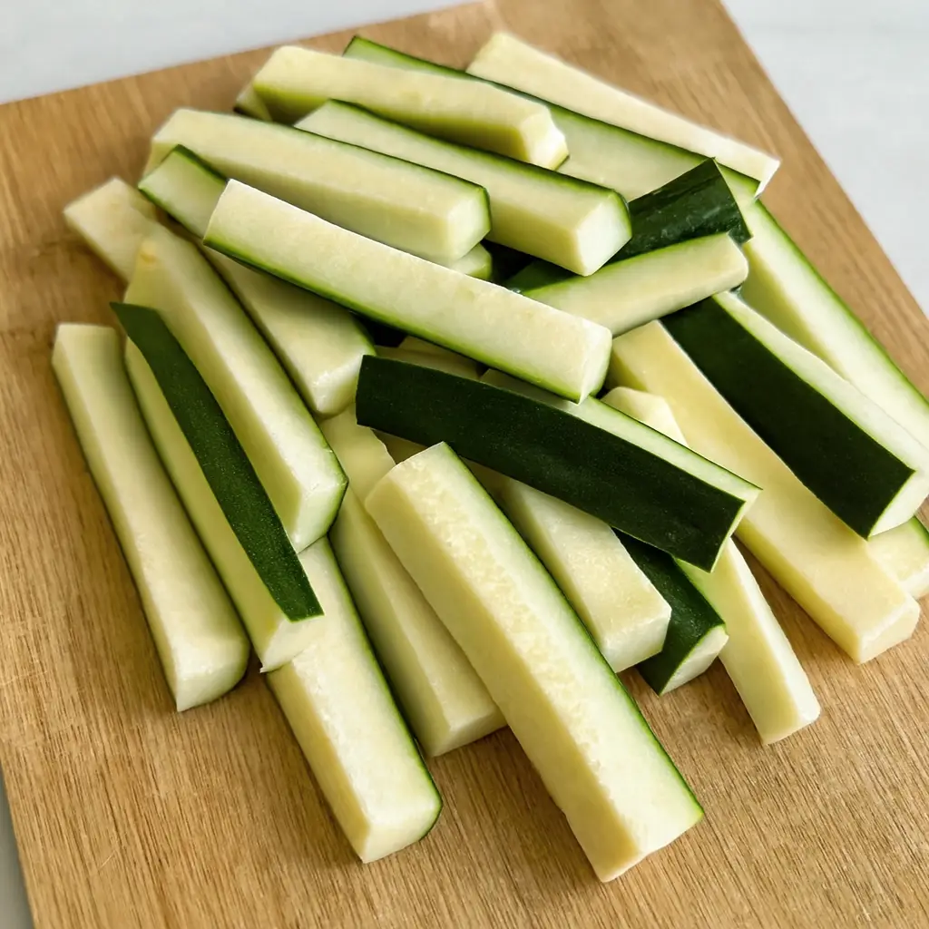 Fresh zucchini sliced into sticks for baking