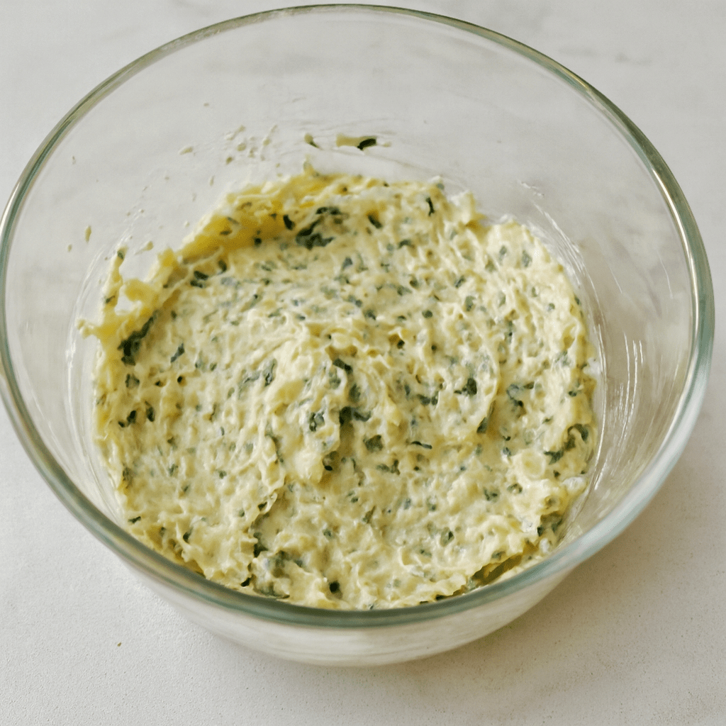 Butter, garlic, parsley, and Parmesan cheese mixture in a bowl