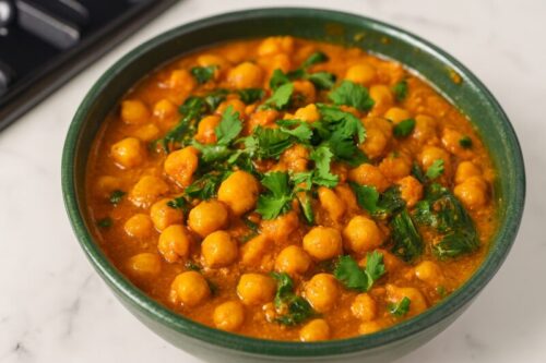 Chickpea-and-Spinach-curry-recipe-5 Garnishing chickpea and spinach curry with fresh coriander and serving with rice or roti.