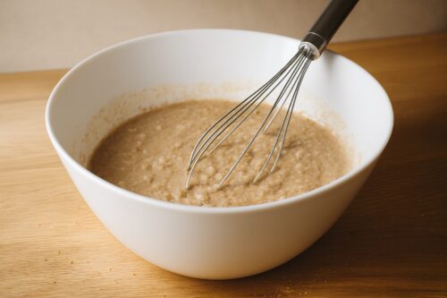 Stirring dry ingredients into wet mixture with a spatula to make banana bread batter.