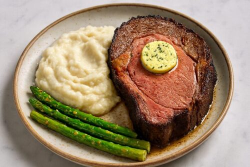Hot prime rib topped with a slice of garlic herb butter, slowly melting and infusing rich flavor into each bite