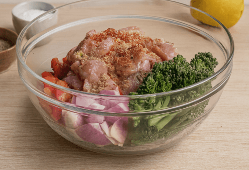 Glass mixing bowl filled with chopped chicken, zucchini, red bell peppers, red onions, and broccoli, seasoned with garlic, salt, black pepper, oregano, coriander powder, and paprika, placed on a light oak wood table in a home kitchen setting.