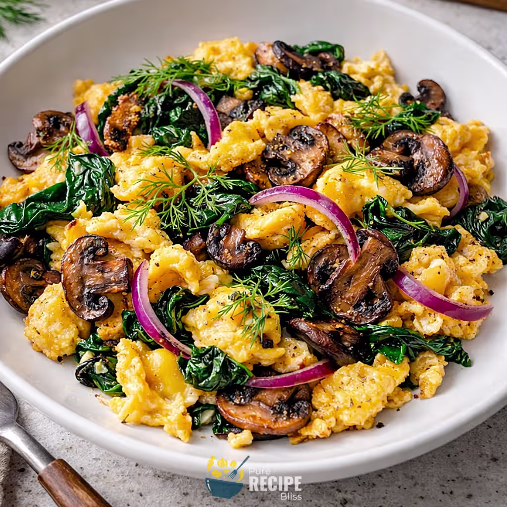 Spinach Mushroom Egg Scramble with Avocado & Herbs